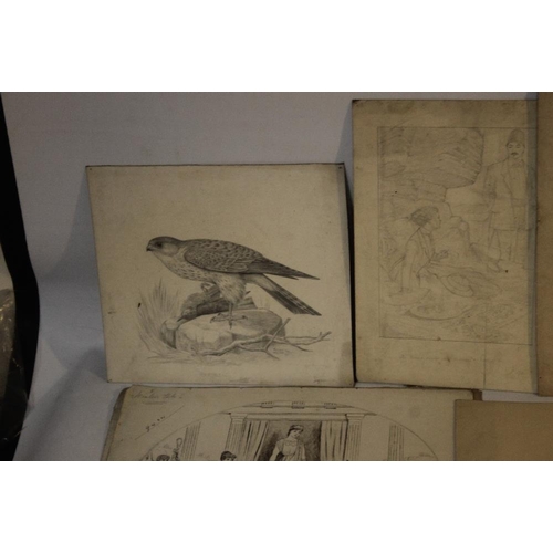 302 - A SMALL GROUP OF 19TH CENTURY DRAWINGS IN PENCILS AND IN INKS to include a group signed 