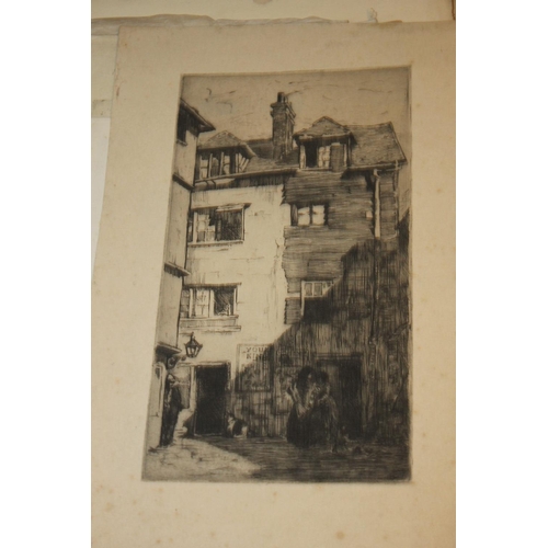 316 - A FOLIO OF VARIOUS ENGRAVINGS DEPICTING BUILDINGS, PORTRAITS ETC, to include a street scene