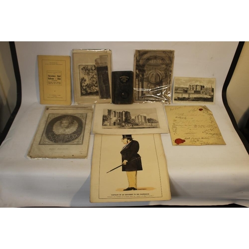 329 - A SMALL LEATHER CASE CONTAINING ASSORTED PRINTS, EPHEMERA ETC. to include Punch prints, a 1913 Manch... 