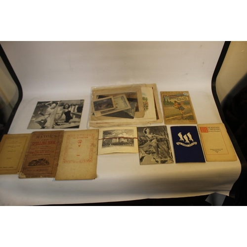 330 - A SMALL BOX OF PRINTS, EPHEMERA AND BOOKS, to include three Enid Blyton Brockhampton Press books