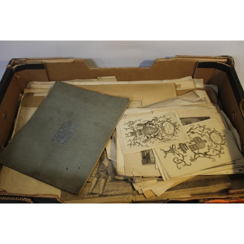 333 - A BOX OF ASSORTED PRINTS AND ENGRAVINGS, to include armorials, buildings, landscapes etc. to include... 