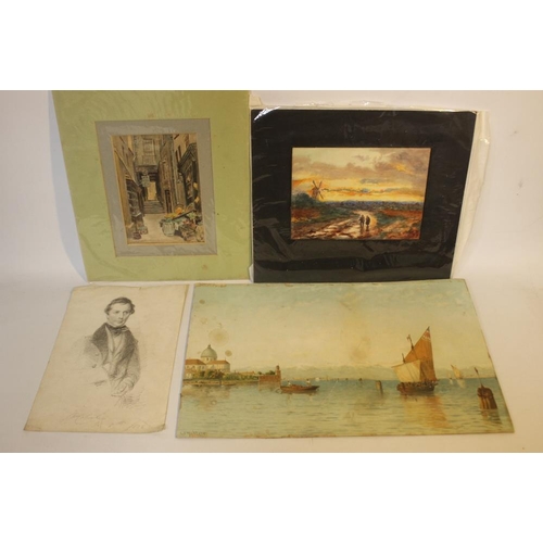 334 - A BOX OF ASSORTED PICTURES AND PRINTS, to include watercolours, drawings, prints, various ephemera a... 