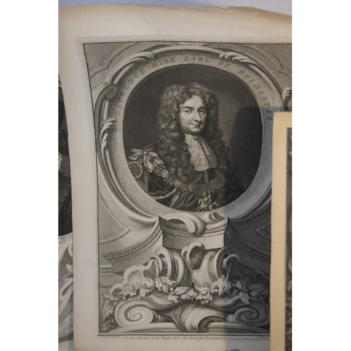 336 - A BOX OF ANTIQUE PRINTS AND ENGRAVINGS with a selection of portraits of various Kings & Queens, Lord... 