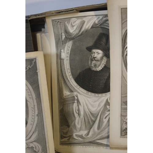 336 - A BOX OF ANTIQUE PRINTS AND ENGRAVINGS with a selection of portraits of various Kings & Queens, Lord... 