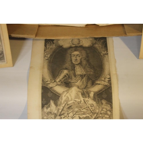 336 - A BOX OF ANTIQUE PRINTS AND ENGRAVINGS with a selection of portraits of various Kings & Queens, Lord... 