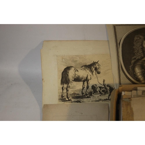 343 - A SMALL TRAY OF UNFRAMED ENGRAVINGS AND ETCHINGS, VARIOUS ARTISTS AND SUBJECTS, to include Thomassin... 