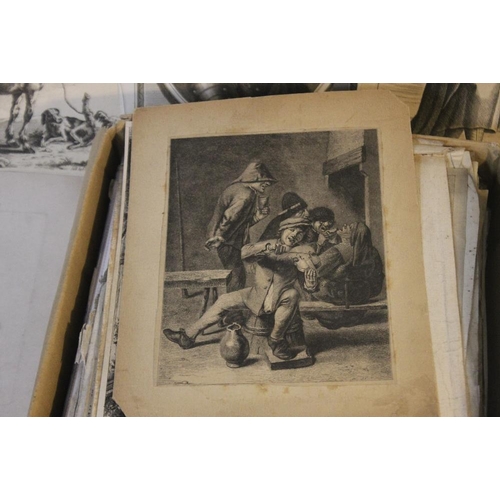 343 - A SMALL TRAY OF UNFRAMED ENGRAVINGS AND ETCHINGS, VARIOUS ARTISTS AND SUBJECTS, to include Thomassin... 