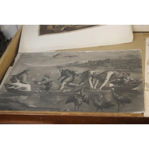 357 - A TRAY OF UNFRAMED ENGRAVINGS AND ETCHINGS ETC., various artists and subjects to include Rosa Bonheu... 