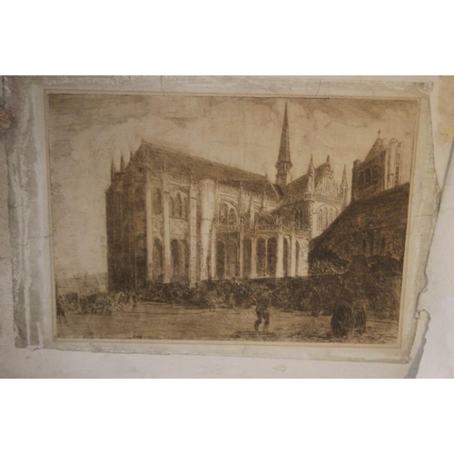 358 - A TRAY OF UNFRAMED ENGRAVINGS AND ETCHINGS ETC., various artists and subjects to include Roelant Sat... 