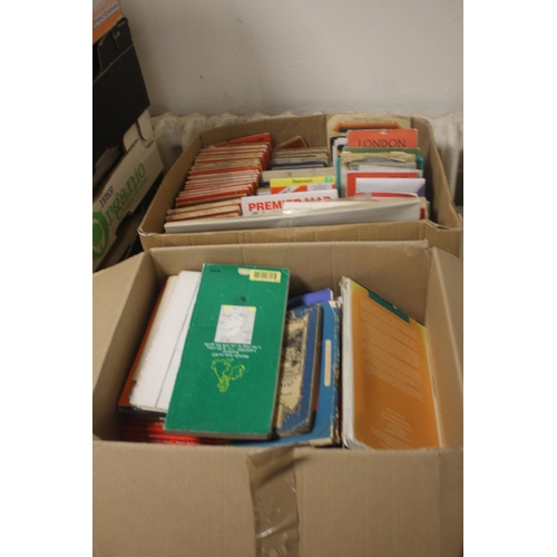 184 - TWO BOXES OF MAINLY OS MAPS, together with a bag of OS maps, large scale maps etc.