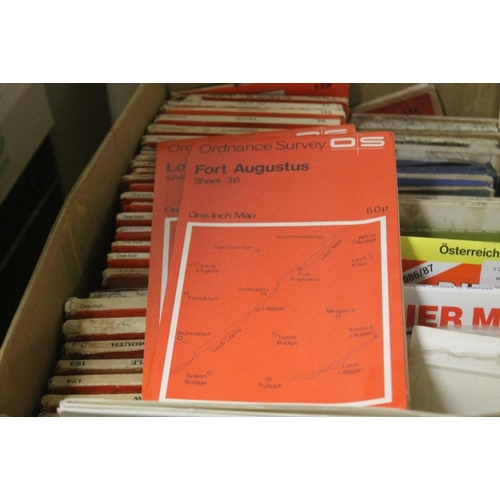 184 - TWO BOXES OF MAINLY OS MAPS, together with a bag of OS maps, large scale maps etc.