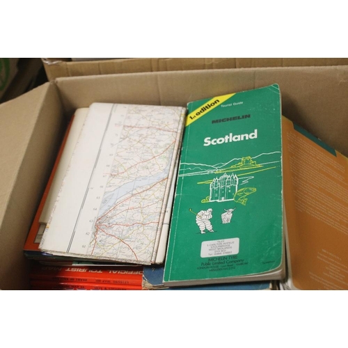 184 - TWO BOXES OF MAINLY OS MAPS, together with a bag of OS maps, large scale maps etc.