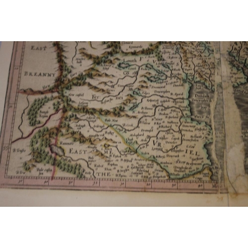 190 - MERCATOR MAP OF EASTERN IRELAND, c.1600, later hand colour, French text on reverse, A/F Condition Re... 