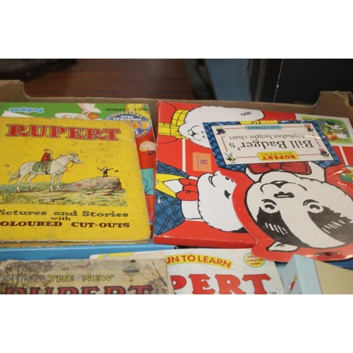 12 - FOUR TRAYS OF RUPERT INTEREST to include 39 yellow Little Bear Library books, 1990s comics, a range ... 