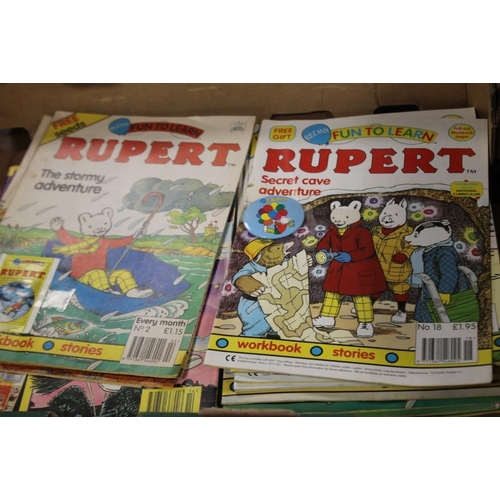 12 - FOUR TRAYS OF RUPERT INTEREST to include 39 yellow Little Bear Library books, 1990s comics, a range ... 