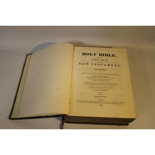 137 - THREE ANTIQUARIAN BIBLES  A/F, comprising Rev. John Hewlett, Vols. I and III, and David Davidson - '... 