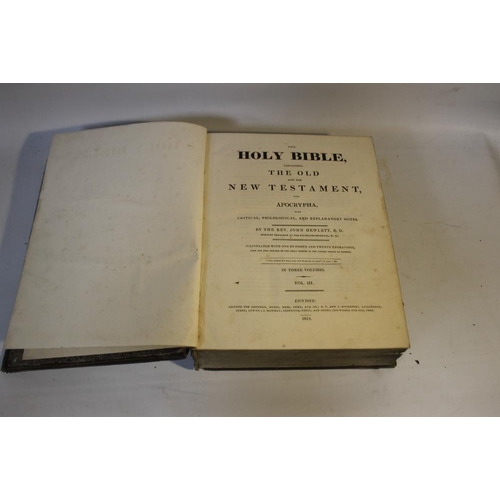 137 - THREE ANTIQUARIAN BIBLES  A/F, comprising Rev. John Hewlett, Vols. I and III, and David Davidson - '... 