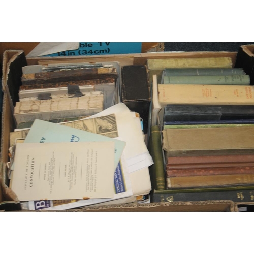 142 - FOUR BOXES OF BOOKS AND EPHEMERA, to include antiquarian books A/F, ' Reference Catalogue of Current... 