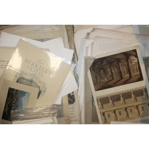 385 - A TRAY OF UNFRAMED ENGRAVINGS AND EPHEMERA ETC., various artists and subjects to include topographic... 