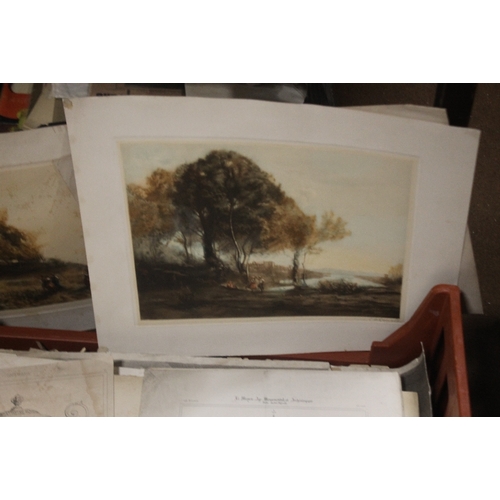 342 - A TRAY OF UNFRAMED ENGRAVINGS AND ETCHINGS ETC., various artists and subjects to include R. Dalton, ... 