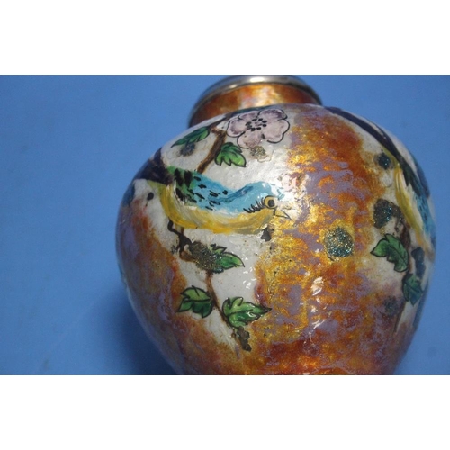 105 - AN UNUSUAL ENAMEL AND WHITE METAL MOUNTED VASE, DECORATED WITH BIRDS AND FLOWERS