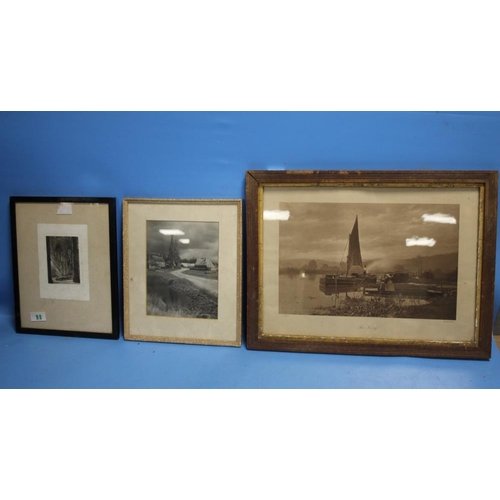 11 - THREE FRAMED ENGRAVINGS TO INCLUDE 'THE FERRY' BY J. GALE, ' A CHURCH INTERIOR',  A. YANN AND A COUN... 