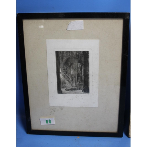 11 - THREE FRAMED ENGRAVINGS TO INCLUDE 'THE FERRY' BY J. GALE, ' A CHURCH INTERIOR',  A. YANN AND A COUN... 