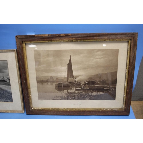 11 - THREE FRAMED ENGRAVINGS TO INCLUDE 'THE FERRY' BY J. GALE, ' A CHURCH INTERIOR',  A. YANN AND A COUN... 