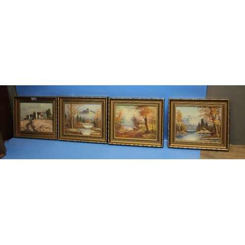 12 - FOUR SMALL DECORATIVE OIL PAINTINGS IN GILT FRAMES DEPICTING LANDSCAPES 33 CM X 28 CM