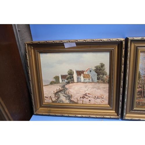 12 - FOUR SMALL DECORATIVE OIL PAINTINGS IN GILT FRAMES DEPICTING LANDSCAPES 33 CM X 28 CM