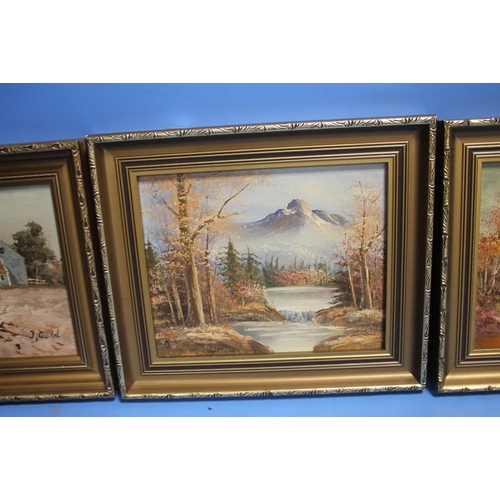 12 - FOUR SMALL DECORATIVE OIL PAINTINGS IN GILT FRAMES DEPICTING LANDSCAPES 33 CM X 28 CM