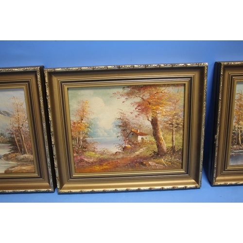 12 - FOUR SMALL DECORATIVE OIL PAINTINGS IN GILT FRAMES DEPICTING LANDSCAPES 33 CM X 28 CM