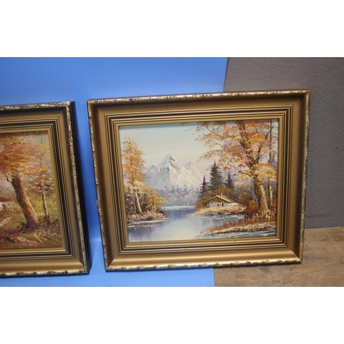 12 - FOUR SMALL DECORATIVE OIL PAINTINGS IN GILT FRAMES DEPICTING LANDSCAPES 33 CM X 28 CM