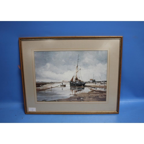 13 - JOHN SUTTON WATERCOLOUR OF BLAKENEY QUAY SIGNED BOTTOM RIGHT 49.5 CM X 40 CM