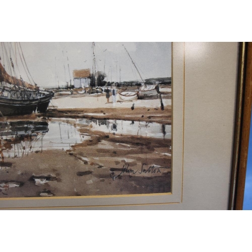 13 - JOHN SUTTON WATERCOLOUR OF BLAKENEY QUAY SIGNED BOTTOM RIGHT 49.5 CM X 40 CM