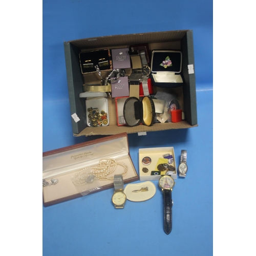 136 - A BOX OF ASSORTED COSTUME JEWELLERY INCLUDING PIN BADGES, WATCHES, CUFF LINCS ETC