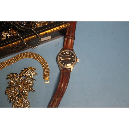 161 - A TIN OF ASSORTED COSTUME JEWELLERY AND A WRIST WATCH