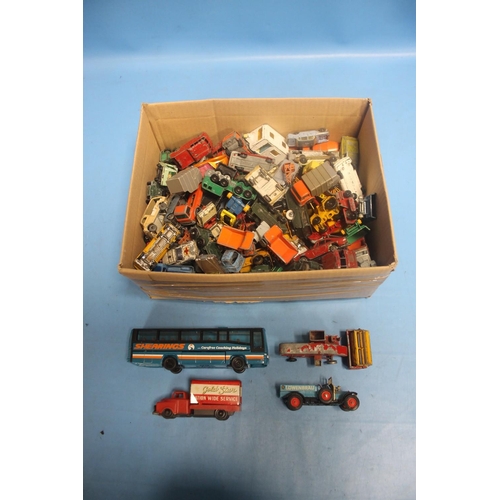 182 - A BOX OF PLAYWORN DIECAST VEHICLES TO INCLUDE LESNEY, CORGI,