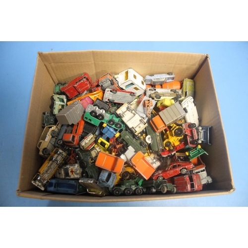 182 - A BOX OF PLAYWORN DIECAST VEHICLES TO INCLUDE LESNEY, CORGI,