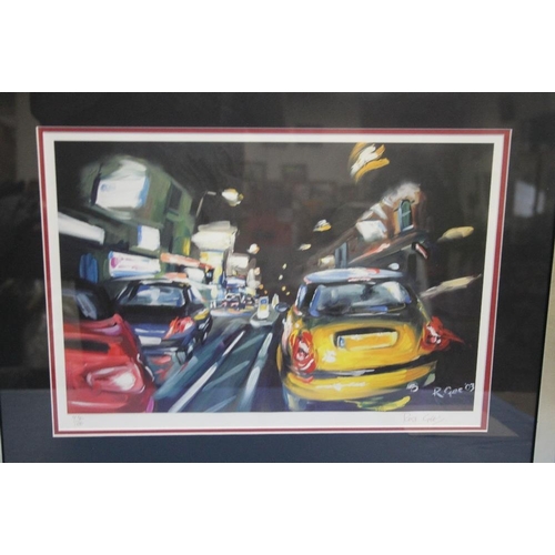 19 - A FRAMED AND GLAZED PRINT OF A CITY STREET SCENE SIGNED LOWER RIGHT ROSS GEE 57 CM X 44.5 CM