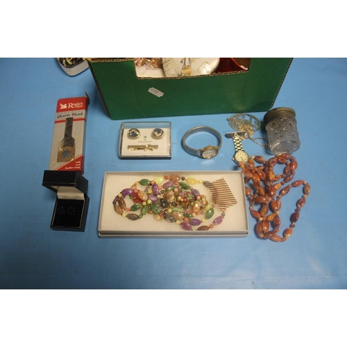 196 - A TRAY OF ASSORTED COSTUME JEWELLERY TO INCLUDE WATCHES