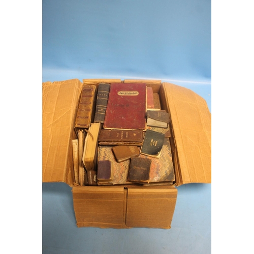 199 - A BOX OF ANTIQUARIAN MINIATURE AND POCKET SIZE BOOKS TO INCLUDE OXFORD ALMANAC 1730, BRICES ENGLISH ... 