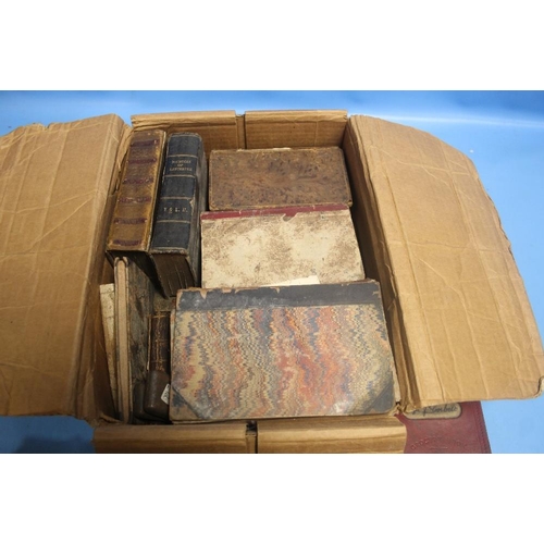 199 - A BOX OF ANTIQUARIAN MINIATURE AND POCKET SIZE BOOKS TO INCLUDE OXFORD ALMANAC 1730, BRICES ENGLISH ... 