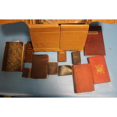 199 - A BOX OF ANTIQUARIAN MINIATURE AND POCKET SIZE BOOKS TO INCLUDE OXFORD ALMANAC 1730, BRICES ENGLISH ... 