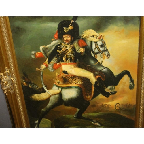 2 - A GILT FRAMED PAINTING ON BOARD OF A NAPOLEONIC SOLDIER ON HORSEBACK SIGNED CORMON ON LOWER RIGHT 80... 