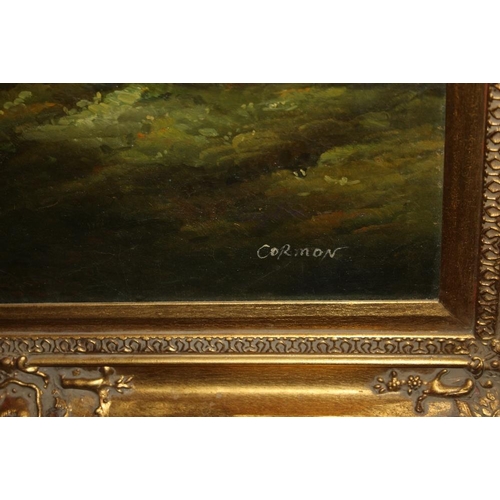 2 - A GILT FRAMED PAINTING ON BOARD OF A NAPOLEONIC SOLDIER ON HORSEBACK SIGNED CORMON ON LOWER RIGHT 80... 