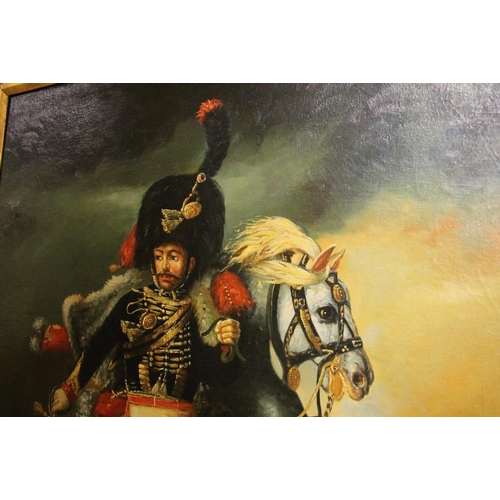 2 - A GILT FRAMED PAINTING ON BOARD OF A NAPOLEONIC SOLDIER ON HORSEBACK SIGNED CORMON ON LOWER RIGHT 80... 