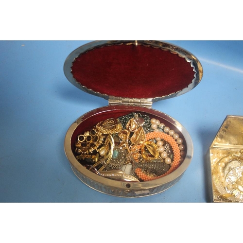 205 - A TRAY CONTAINING TWO WHITE METAL JEWELLERY BOXES AND A COLLECTION OF COSTUME JEWELLERY