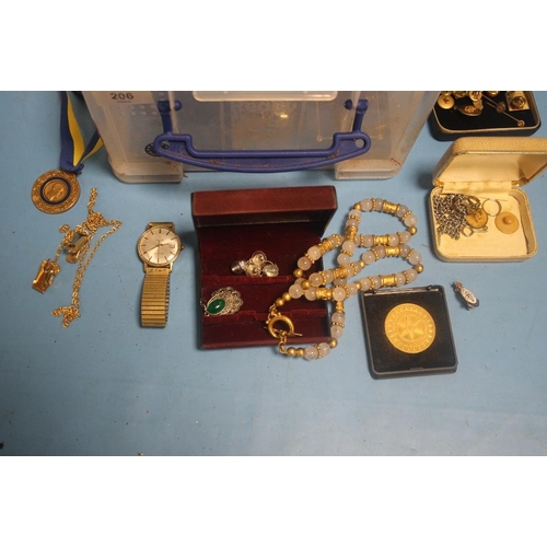 206 - A TRAY OF COSTUME JEWELLERY TO INCLUDE NECKLACES, MEDALS, A WATCH ETC