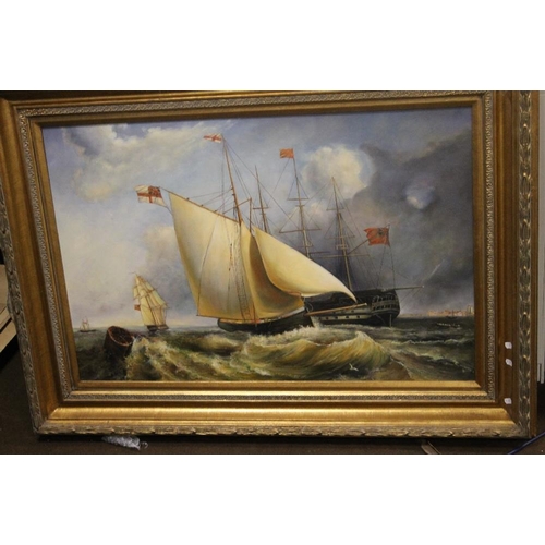 21 - A PAINTING ON BOARD OF A COASTAL SCENE WITH SAILING SHIPS 114 CM X 84 CM